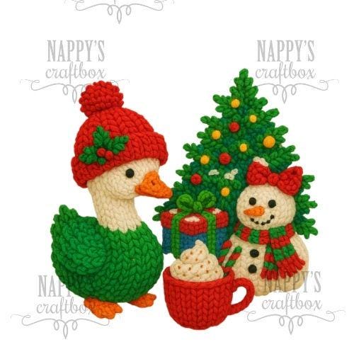 Christmas Goose & Snowman Faux Yarn Crochet Sublimation Design DTF press-ready (PNG Digital Download)