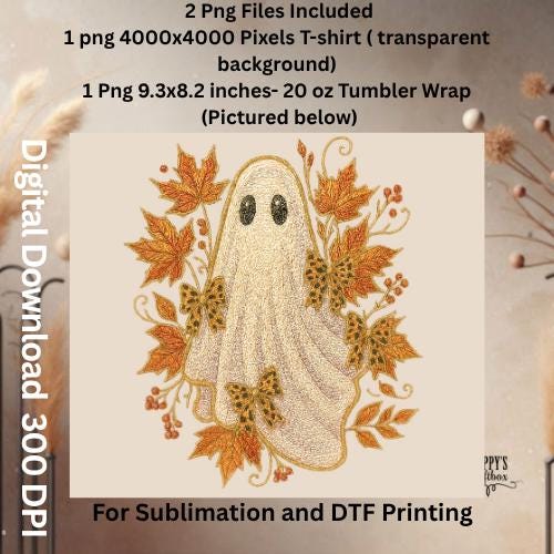 Fall Ghost Embroidery PNG: 20 oz Tumbler & Shirt Design (Digital Download)