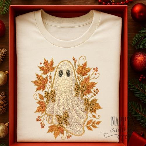Fall Ghost Embroidery PNG: 20 oz Tumbler & Shirt Design (Digital Download)