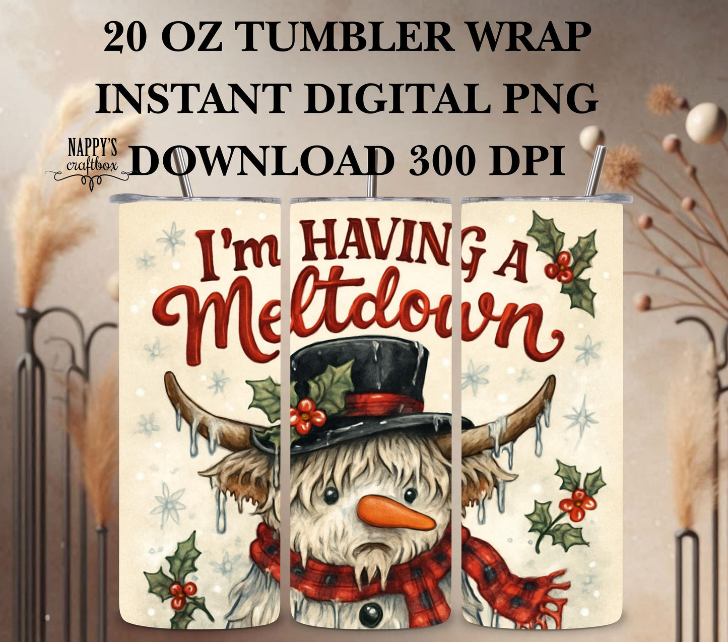 Funny Highland Cow Snowman Tumbler Wrap: Christmas Meltdown (Digital Download)