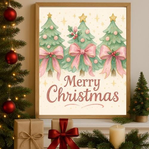 Coquette Christmas Tree PNG: Brushstroke Bow Design (Digital Download)