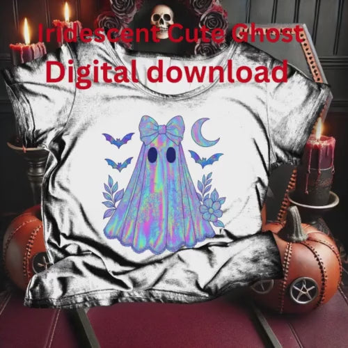 Iridescent Halloween Ghost PNG: Coquette Bow, Floral Details (Digital Download