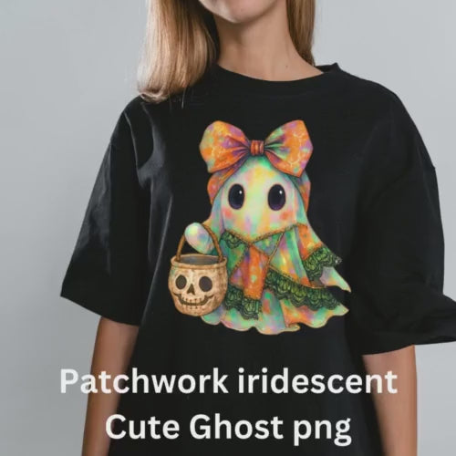 Patchwork Spooky Ghost PNG: Retro Halloween Sublimation Design (Digital Download