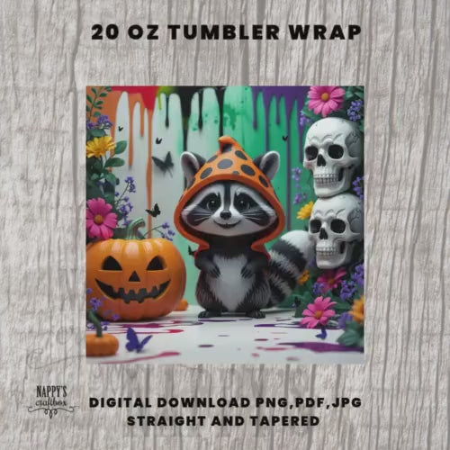 Halloween Raccoon Tumbler Wrap: Spooky Ghost Design (Digital Download, 20 oz Tumbler PNG/PDF/JPEG Files)