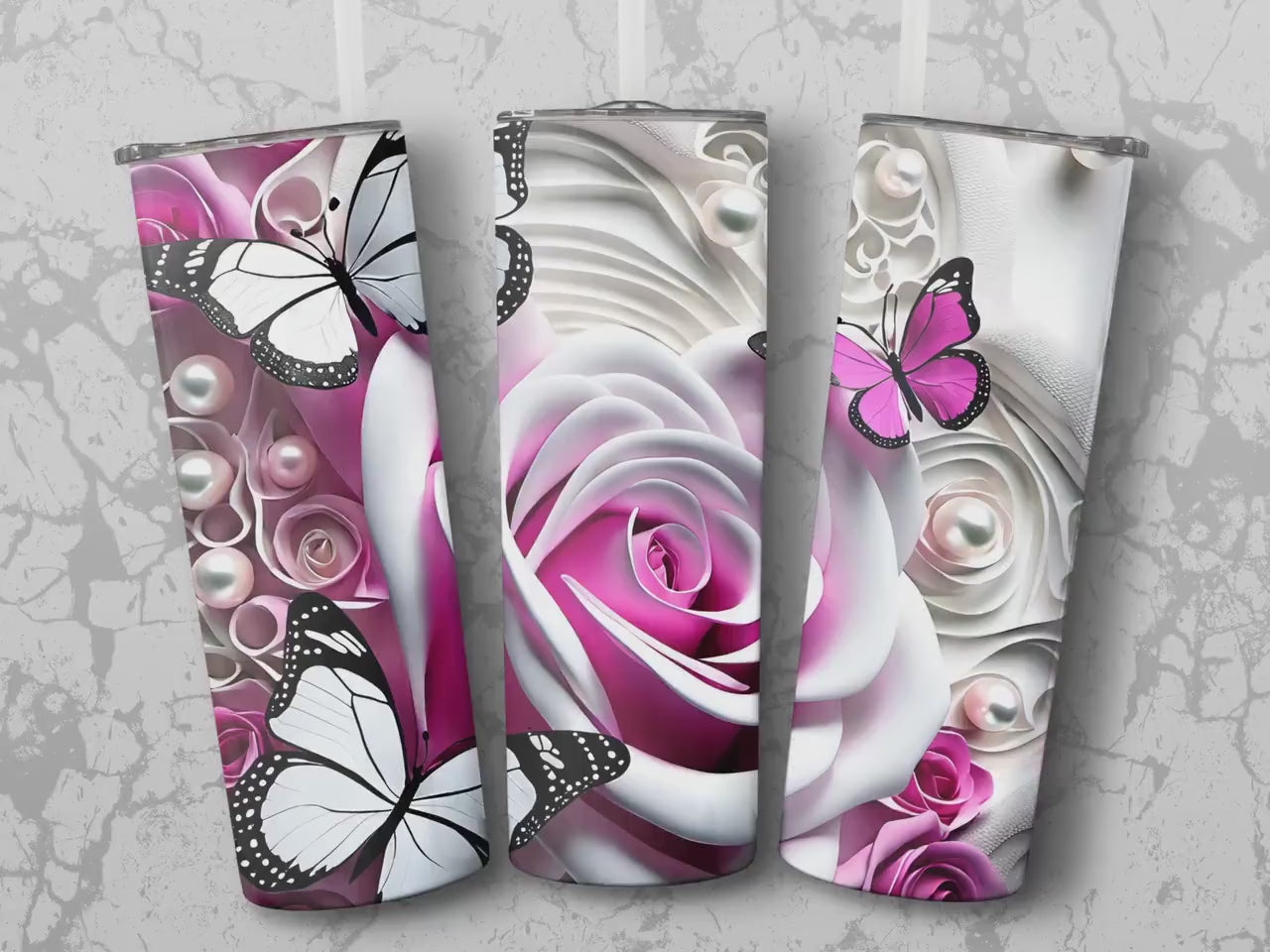 3D Flower Butterfly Tumbler Wrap: 20 oz Skinny Sublimation (PNG Digital Download)