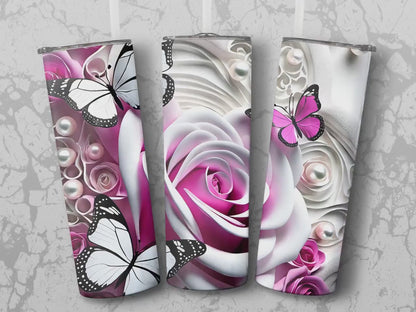 3D Flower Butterfly Tumbler Wrap: 20 oz Skinny Sublimation (PNG Digital Download)