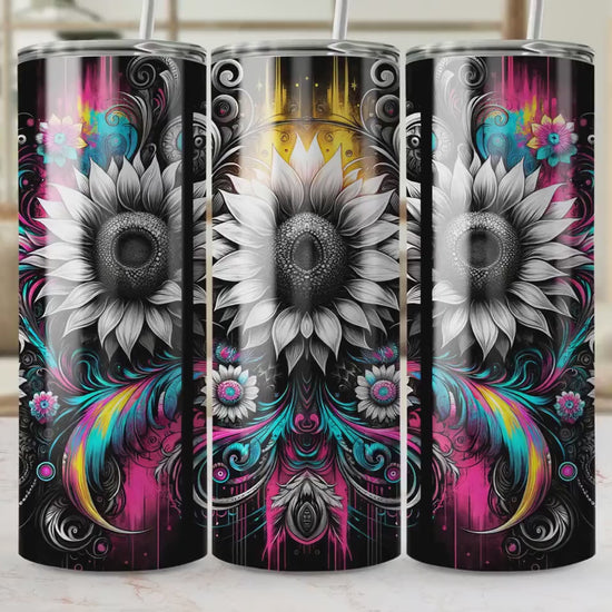 Retro Sunflower 20 oz Tumbler Wrap: Black Background (PNG Digital Download)